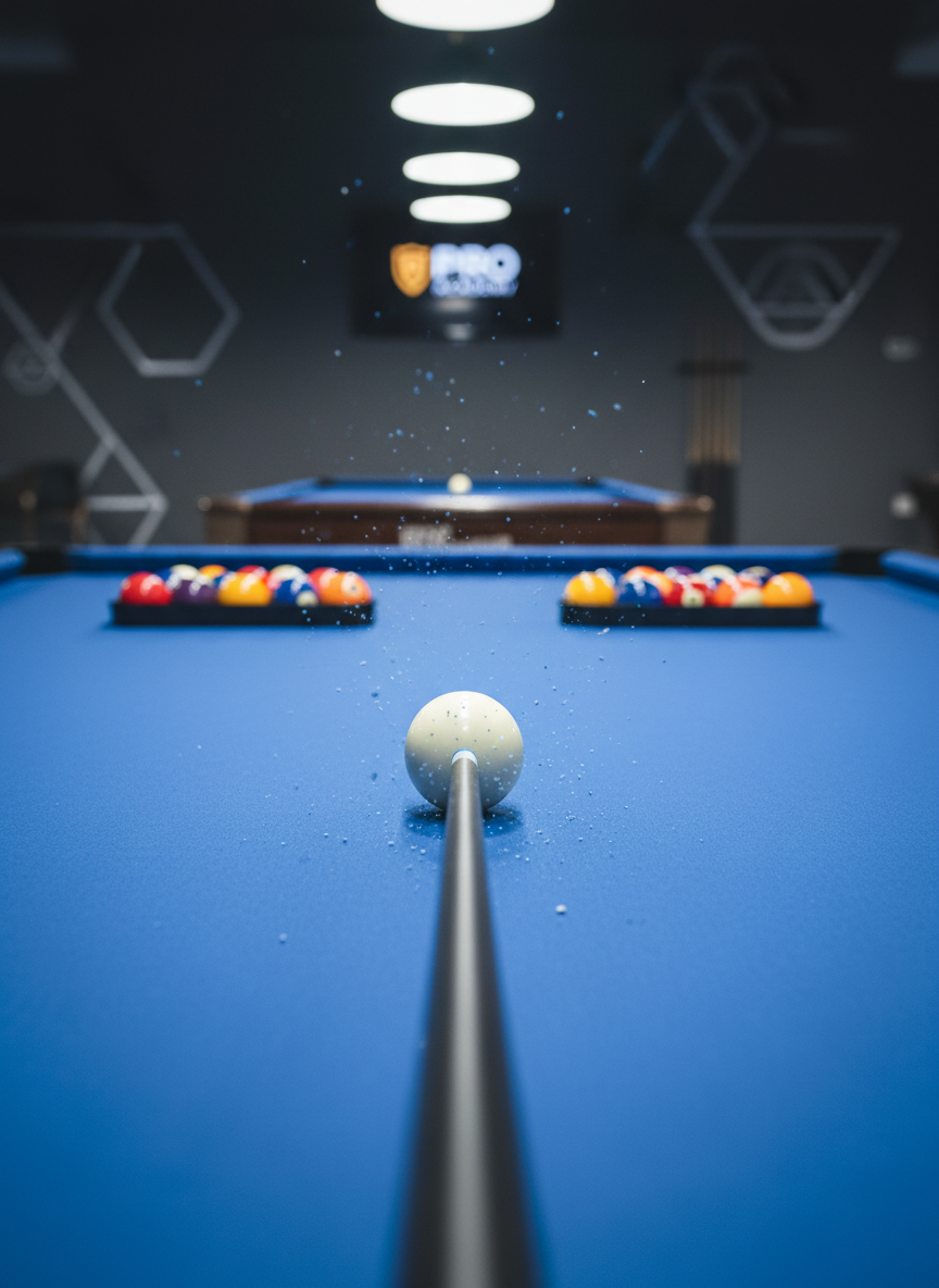 A close-up, photographic view of a sleek, matte-black pool cue resting precisely behind a white cue ball on a competition pool table, rich blue cloth stretched taut and flawless. Tiny specks of chalk dust hover in the air, frozen mid-flight, suggesting a recent practice stroke. In the background, slightly out of focus, tight racks of colorful, polished pool balls sit on neighboring tables under tournament-style pendant lighting. The environment is a high-end training facility with dark walls and subtle branding on the rail, evoking a professional academy. Cool, directional overhead lights create crisp reflections along the cue shaft and cue ball, emphasizing precision. Shot from a very low angle along the line of aim, with shallow depth of field to highlight the exact contact point, the mood is intensely focused, analytical and serious, ideal for illustrating mental performance training.