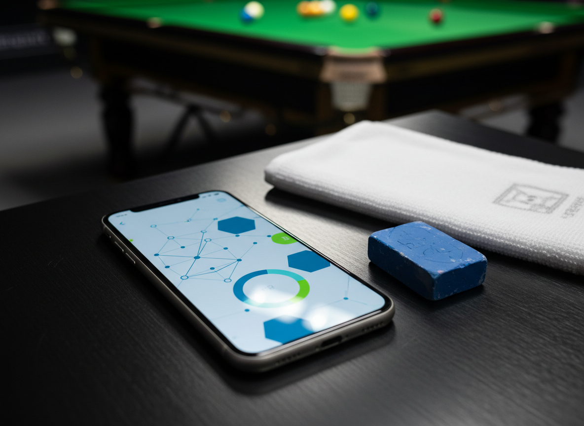 A photographic, high-resolution close-up of a modern smartphone lying on a brushed black metal surface beside a neatly folded cue towel and a cube of worn blue chalk. On the screen, a sleek cue sports mental training app interface is visible as abstract shapes, graphs and progress bars in cool blues and greens, avoiding any readable text. In the blurred background, the edge of a competition snooker table and a few scattered balls under spotlight hint at an arena setting. Soft, controlled studio lighting from the top-left creates gentle reflections on the phone’s glass and subtle texture on the metal surface. Shot from a slightly elevated three-quarter angle with shallow depth of field, the mood is purposeful and professional, clearly promoting app download, structured training plans and subscription-based performance tracking for serious cue sports competitors.