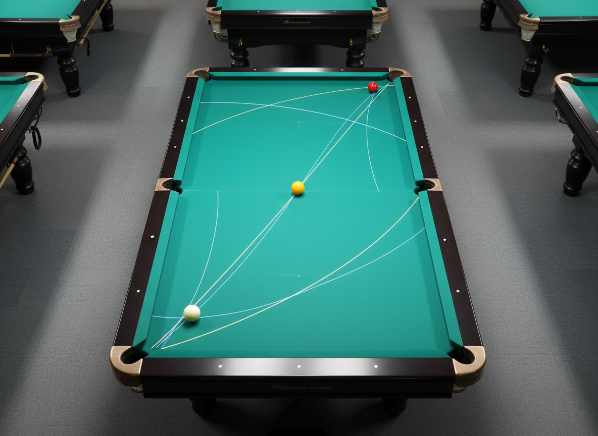 A dramatic, overhead photographic shot of a full-size billiards table captured mid-competition, the green cloth crisscrossed by complex shot lines visualized as faint, glowing trajectories arcing between carom balls. Three pristine, glossy billiard balls—white, yellow and red—are spaced strategically across the table, each casting soft, accurate shadows under bright, neutral arena lighting. The setting is a quiet, elite billiards hall with surrounding tables disappearing into gentle blur, their rails and pockets only hinted at. The lighting is even and shadow-controlled, emphasizing clarity and calculation rather than spectacle. Composition follows a clean, geometric aesthetic, with the balls and subtle trajectory lines arranged on a strong rule-of-thirds grid. The mood is cerebral, disciplined and competitive, suggesting deep focus, visualization and tactical thinking central to mental training for carom players.