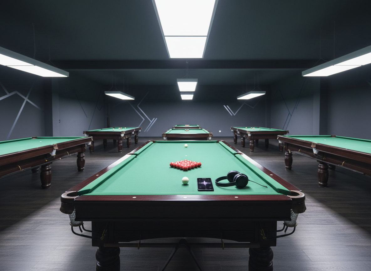A wide, photographic shot of a row of professional pool and snooker tables in a dedicated high-performance training center, all perfectly aligned under bright, even tournament lighting. On the nearest table, balls are carefully arranged in patterns that suggest focused drills rather than casual play, while a smartphone and headphones rest neatly on the rail, hinting at audio-guided mental routines. The floor is dark, matte wood, walls painted in deep charcoal with subtle abstract graphics evoking concentration and precision. The composition uses a strong central perspective, with receding tables creating depth and drawing the viewer’s eye into the space. The mood is serious, disciplined and aspirational, evoking a place where committed cue sports players come to build confidence, consistency and performance under pressure with structured, app-based training.