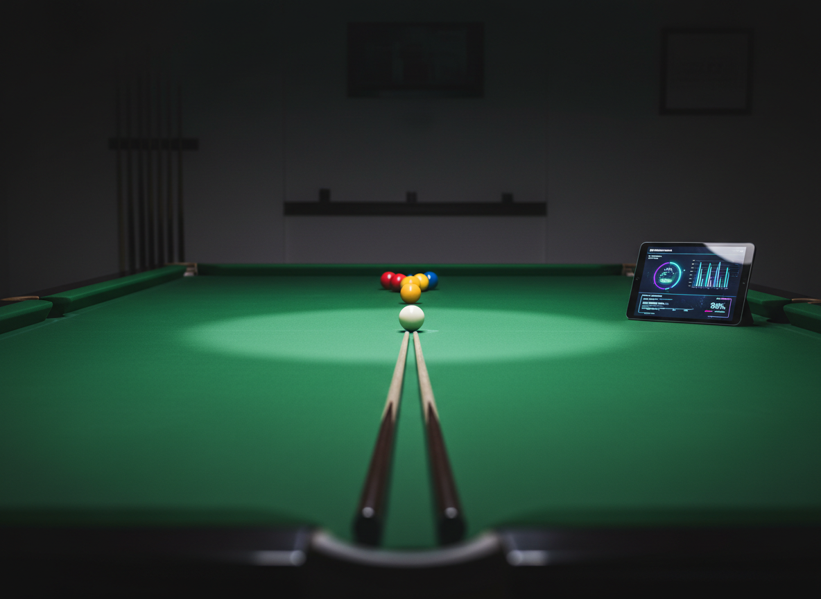 A cinematic, photographic side-on view of a cue resting in a rigid, laser-straight line behind the cue ball on a professional snooker table, with a digital tablet propped on the rail nearby displaying abstract performance metrics in cool neon accents. The table’s green baize is immaculate, and a few colored balls sit at precise intervals down the line of aim, representing target-focused drills. The surrounding environment is a dim, modern training room, walls barely visible, putting all attention on the table and device. A single, bright overhead light forms a spotlight over the cue ball and tablet, creating high contrast, crisp shadows and a sense of intensity. Composed using leading lines pulling the eye from cue to device, the mood is disciplined, high-tech and competitive, perfect for showcasing structured mental routines and premium subscription coaching.
